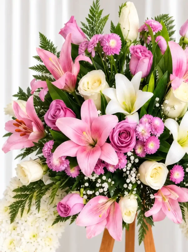 Detalle de la Corona Fúnebre Reencuentro: lirios rosados y blancos, rosas lila y blancas, pompones fucsia y gypsophila entre helecho.