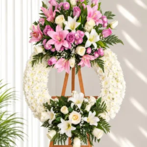 Corona Fúnebre Reencuentro circular de crisantemos blancos con lirios rosados y blancos, rosas lila y pompones fucsia arriba, y lirios y rosas blancas abajo, sobre atril de madera.