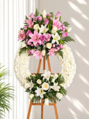 Corona Fúnebre Reencuentro circular de crisantemos blancos con lirios rosados y blancos, rosas lila y pompones fucsia arriba, y lirios y rosas blancas abajo, sobre atril de madera.