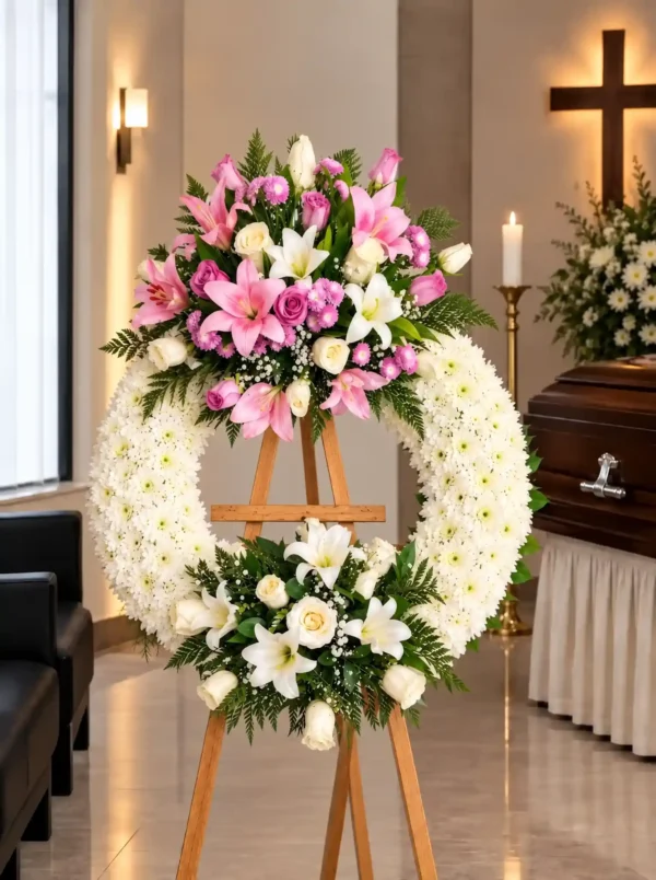 Corona Fúnebre Reencuentro sobre atril de madera en una sala de velación: crisantemos blancos con un ramillete de lirios rosados y blancos y rosas lila arriba, y lirios y rosas blancas abajo, junto al cofre y una cruz.