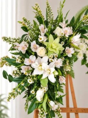 Detalle de la Corona Fúnebre Calma de Dios: lirios blancos, astromelias blancas con toques rosados, una orquídea verde, rosas crema y margaritas pequeñas entre follaje.