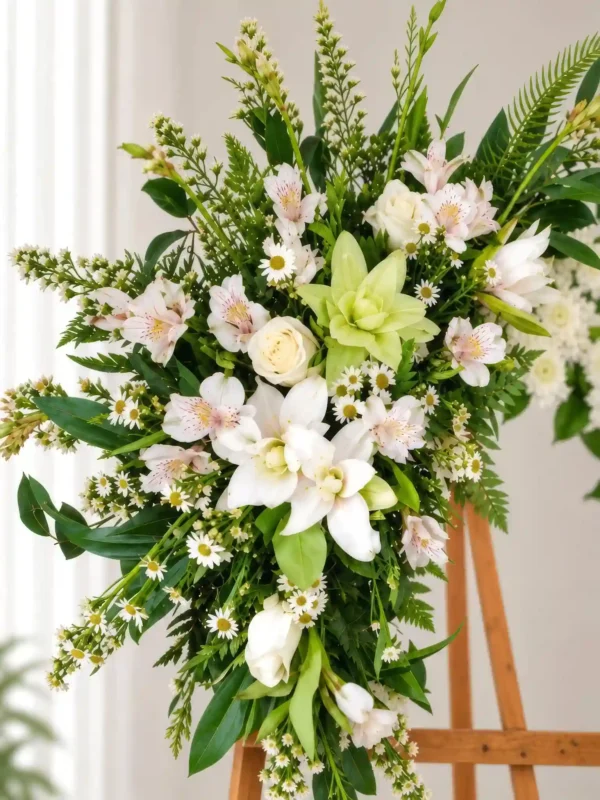 Detalle de la Corona Fúnebre Calma de Dios: lirios blancos, astromelias blancas con toques rosados, una orquídea verde, rosas crema y margaritas pequeñas entre follaje.