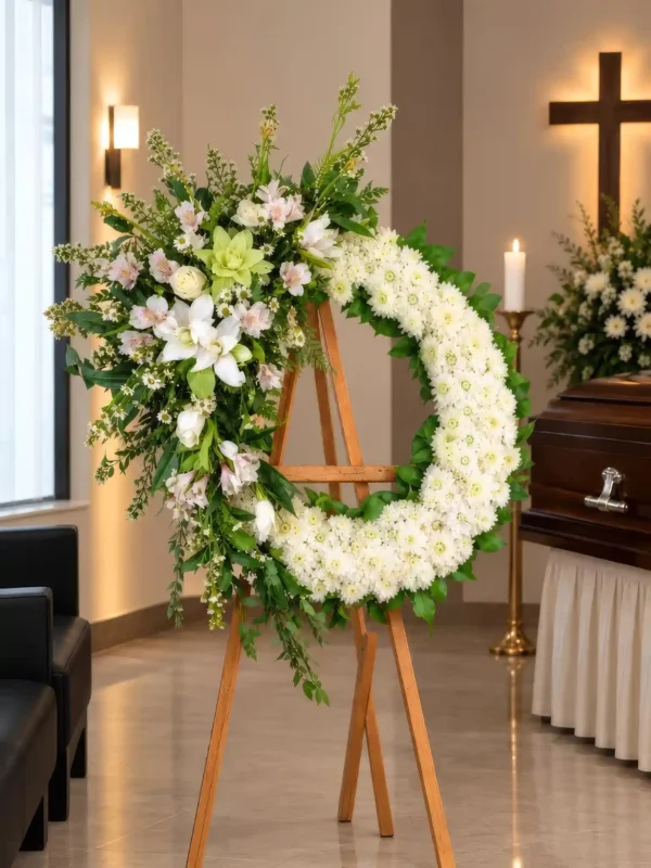 Corona Fúnebre Calma de Dios sobre atril de madera en una sala de velación: crisantemos blancos con un arreglo lateral de lirios, astromelias, rosas crema y una orquídea verde, junto al cofre y una cruz.