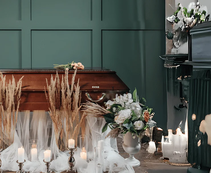 Ataúd rodeado de elegantes arreglos florales blancos en una sala de velación de una funeraria en Bogotá-Colombia.