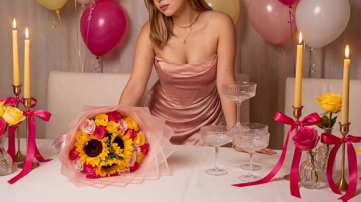 Bouquet de flores para cumpleaños con girasoles y gerberas en tonos cálidos