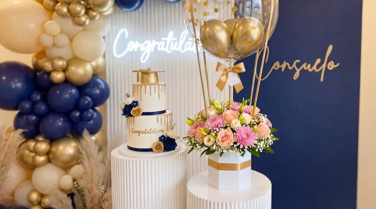 Ramo de flores para graduación con girasoles y detalles dorados