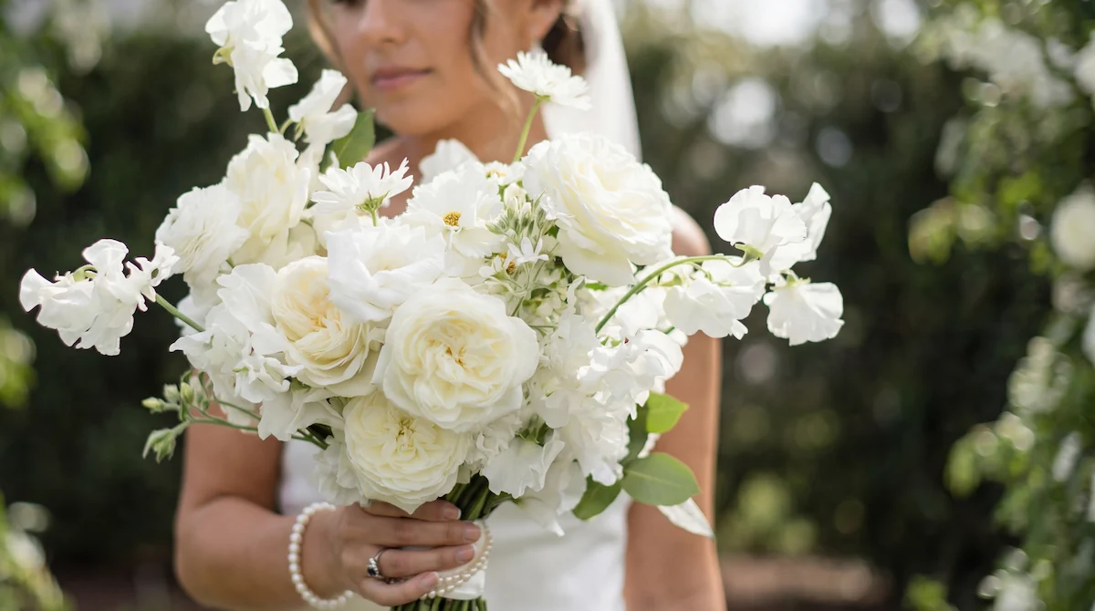 Bouquet de rosas blancas que significan pureza y nuevos comienzos