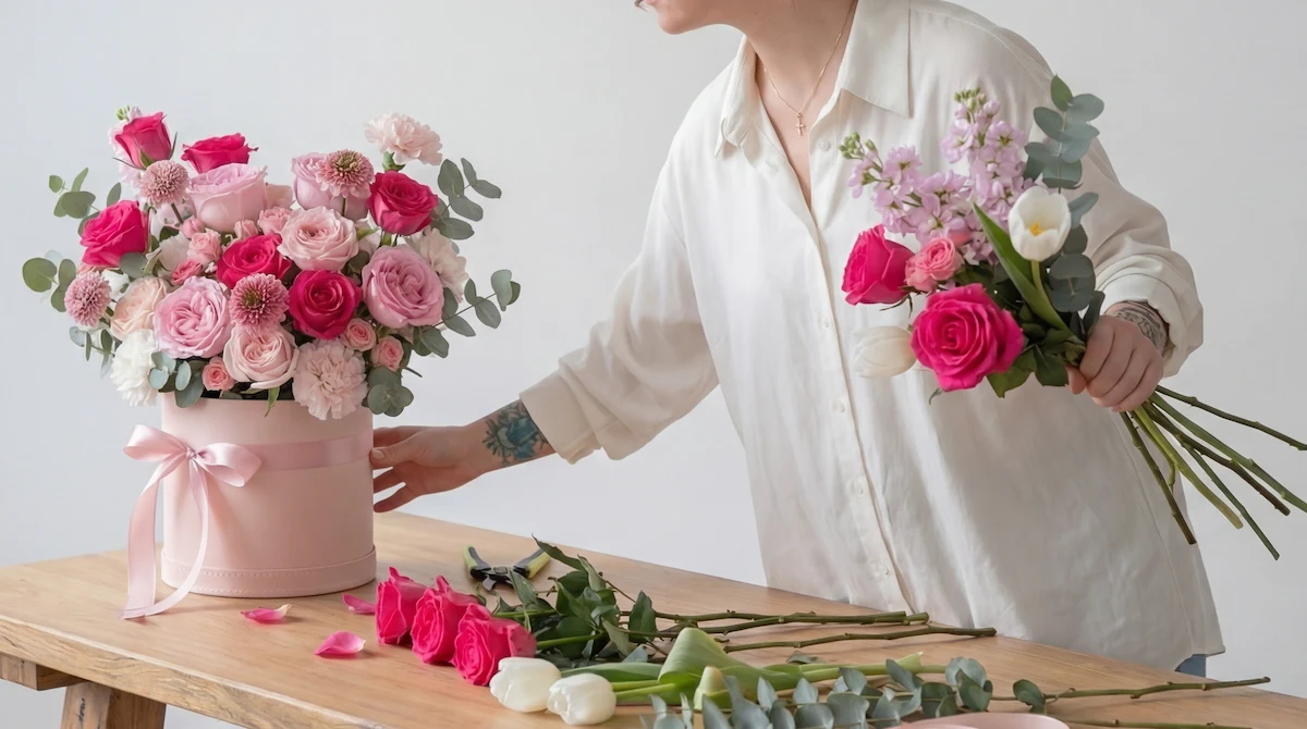 Floristería seleccionando rosas de colores para bouquet personalizado en Bogotá