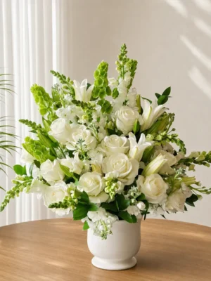 Ramo fúnebre en florero de cerámica blanca con rosas y lirios blancos y espigas verdes
