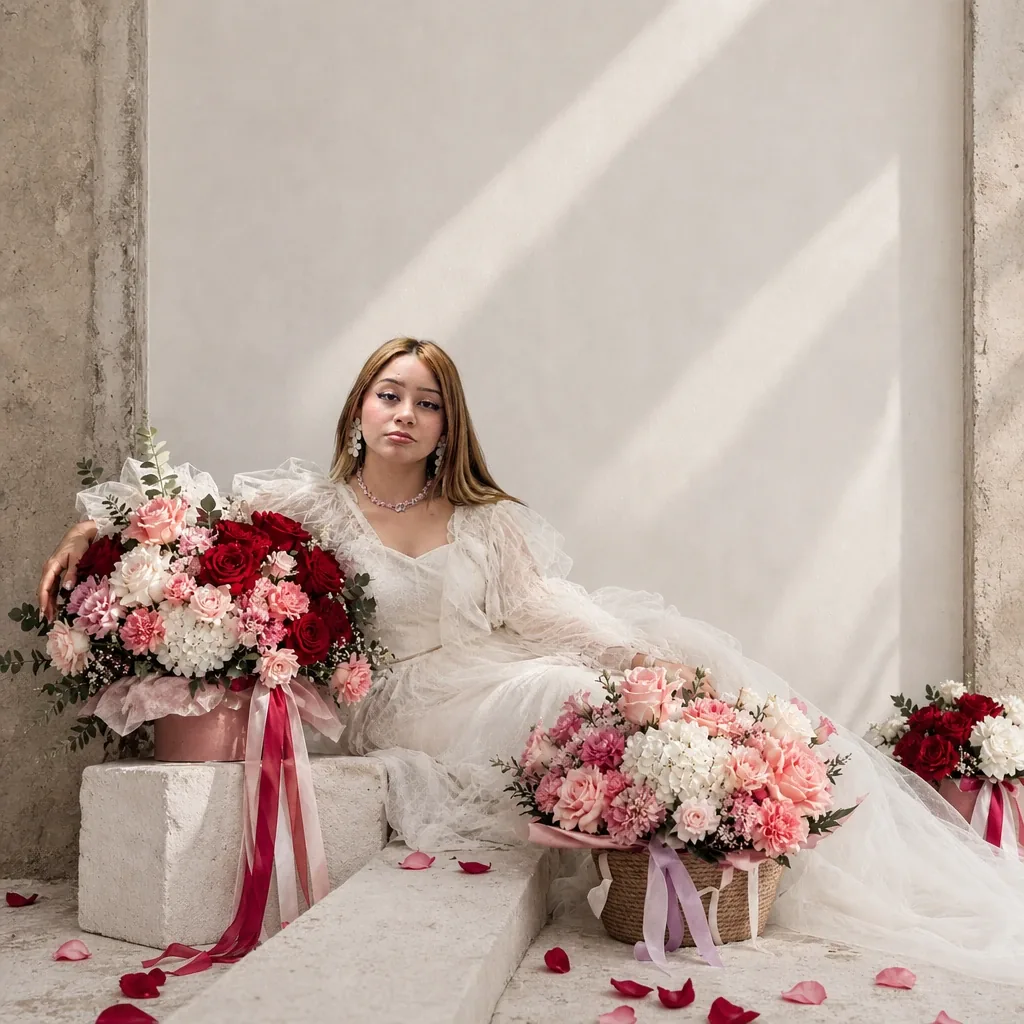 Modelo con ramos de rosas rojas y rosadas de Floristería Hechizos de Amor