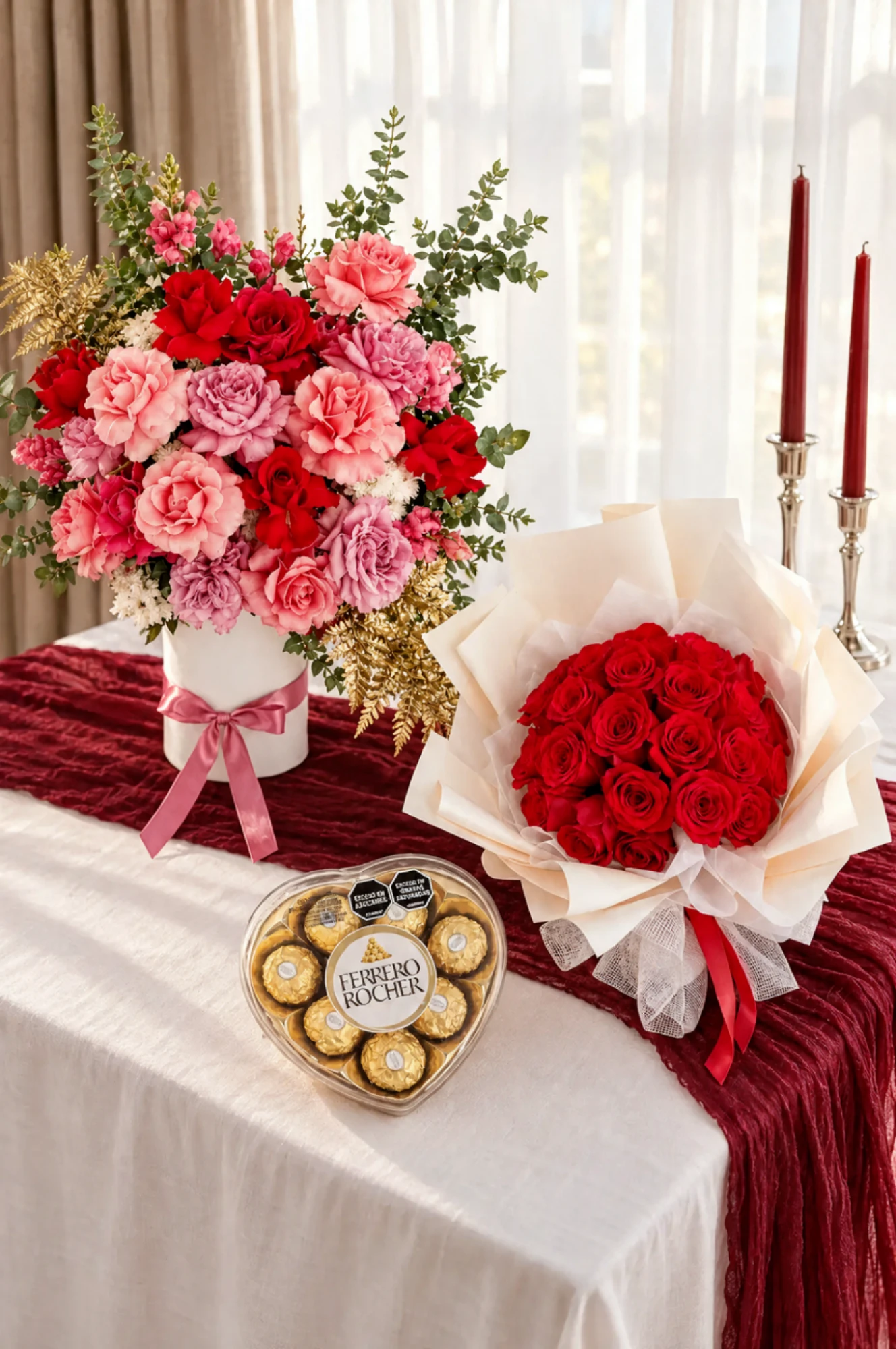 Arma el detalle completo – Amour Infini, Cramoisi y Corazón Ferrero Rocher Mesa con un arreglo de rosas y claveles rosados y rojos en caja blanca, un ramo de rosas rojas en papel crema y un corazón de chocolates Ferrero Rocher.