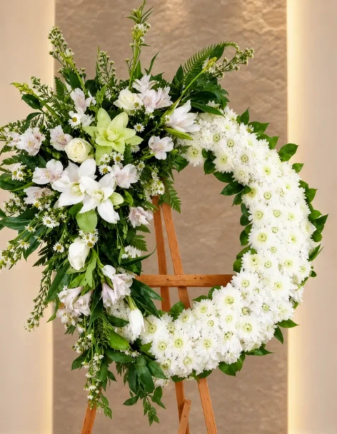 Corona fúnebre sobre atril de madera: crisantemos blancos con un arreglo lateral de lirios blancos y verdes, astromelias, rosas blancas y margaritas entre follaje.