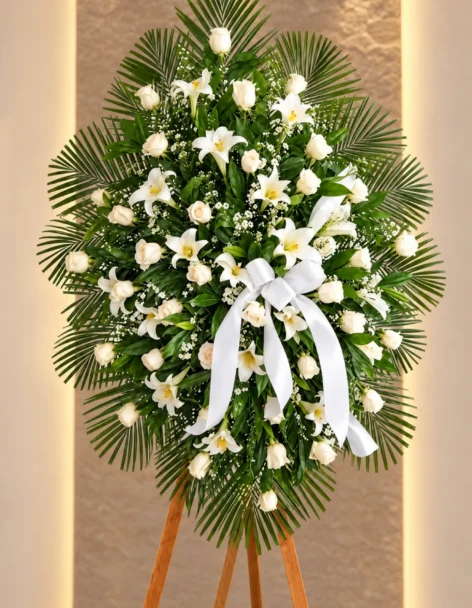 Pedestal fúnebre ovalado sobre atril con hojas de palma, rosas blancas, lirios blancos y gypsophila, y un lazo de cinta blanca.