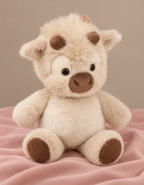 Peluche de vaca color crema y pelo largo, con cuernos, hocico y patitas café, sentado sobre una tela rosada.